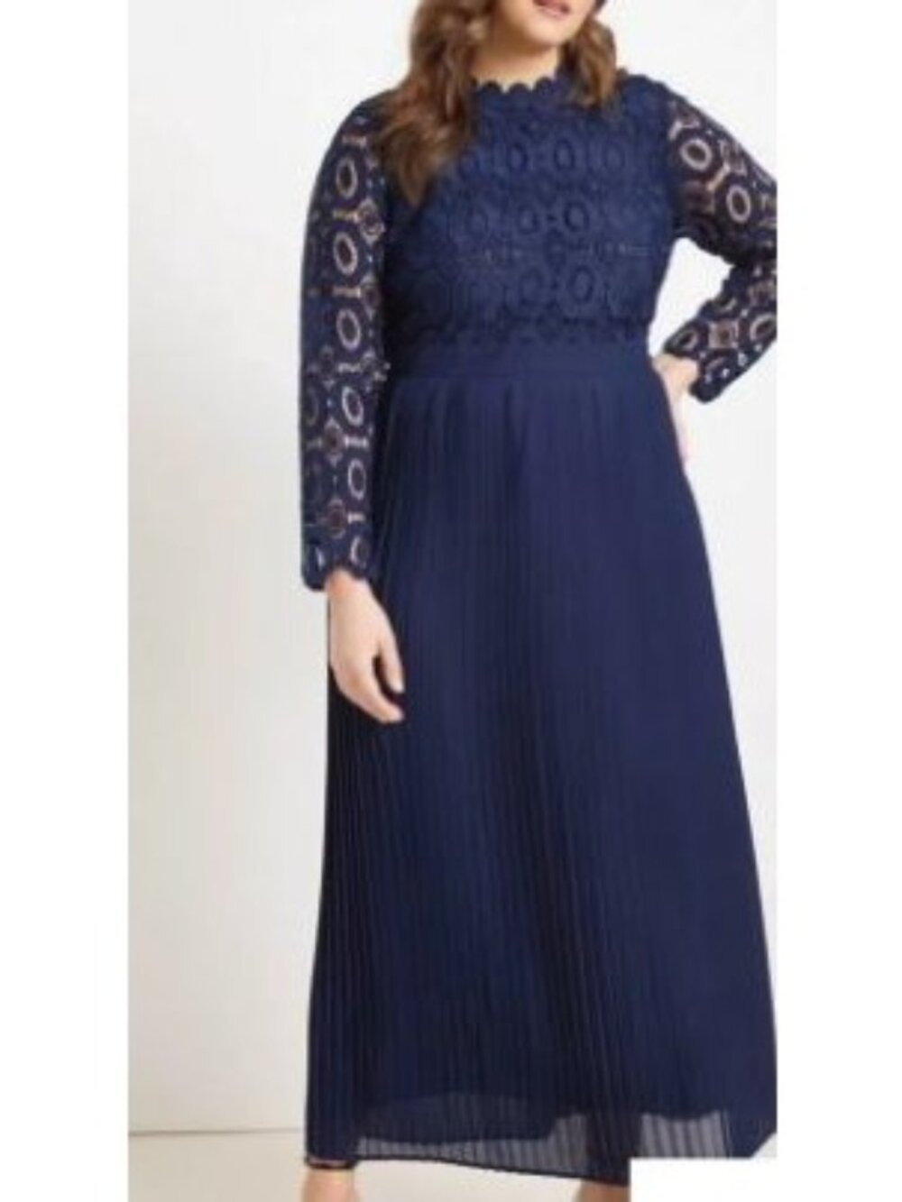 Eloquii Navy Blue Lace & Pleated Maxi Dress Long Sleeve Scalloped Neckline Sz 16